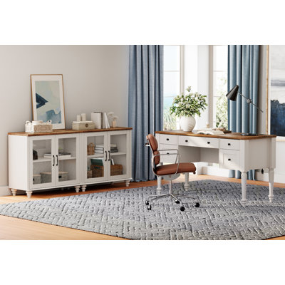 2 Piece Office Set, 56" Executive Desk & Set Of 2 Cabinets With Glass Door, White