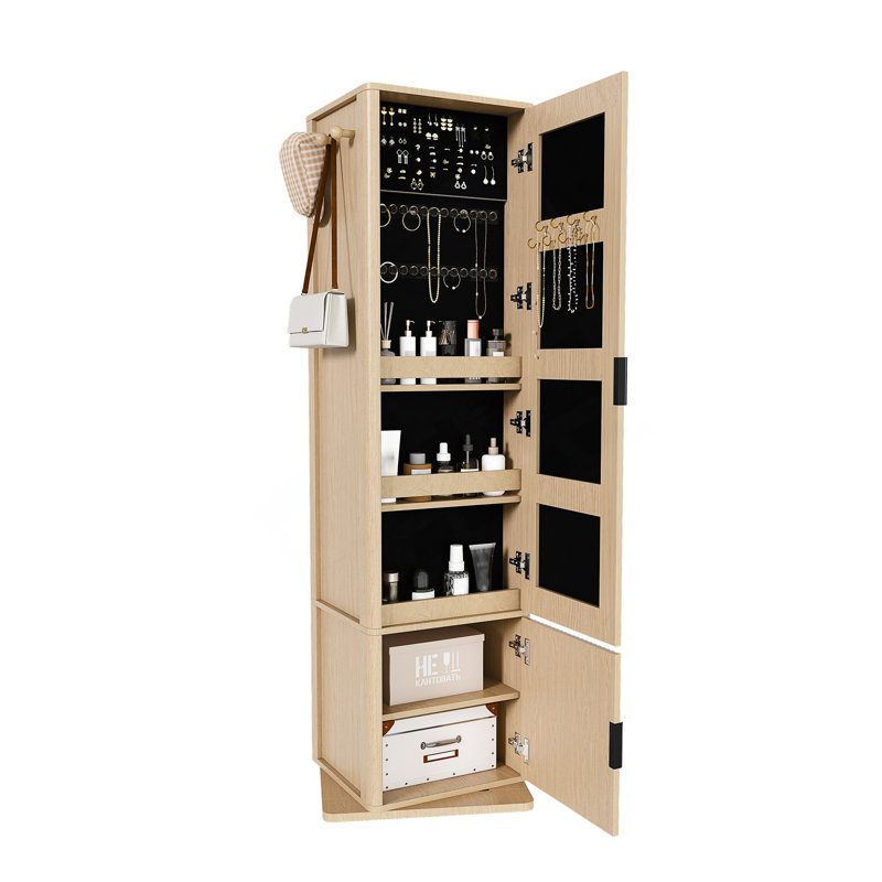 Armoire à maquillage et à bijoux rotative à 360 ° avec miroir pleine longueur, portemanteau et plusieurs tablettes pour un décor moderne