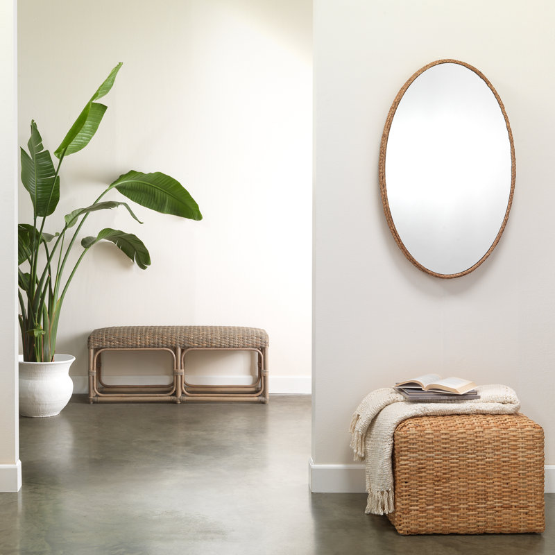Avery Beige Bohemian Rattan Bench with Light Wood Tone