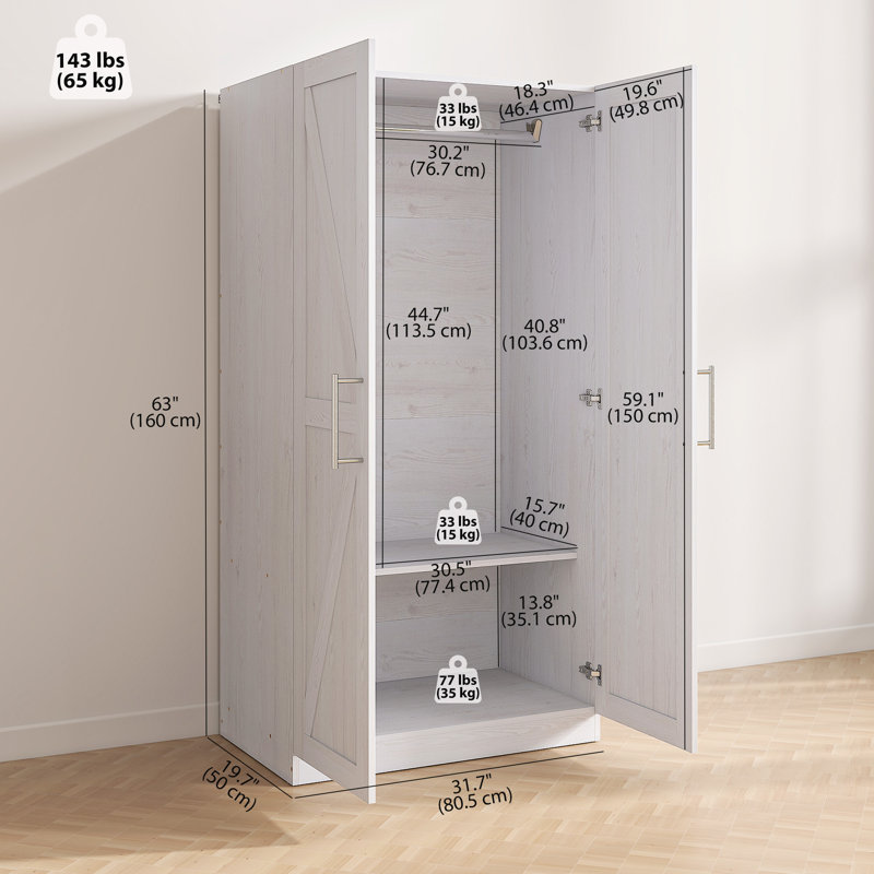Armoire-penderie Armoire avec 2 portes de grange et armoire blanche, Blanc