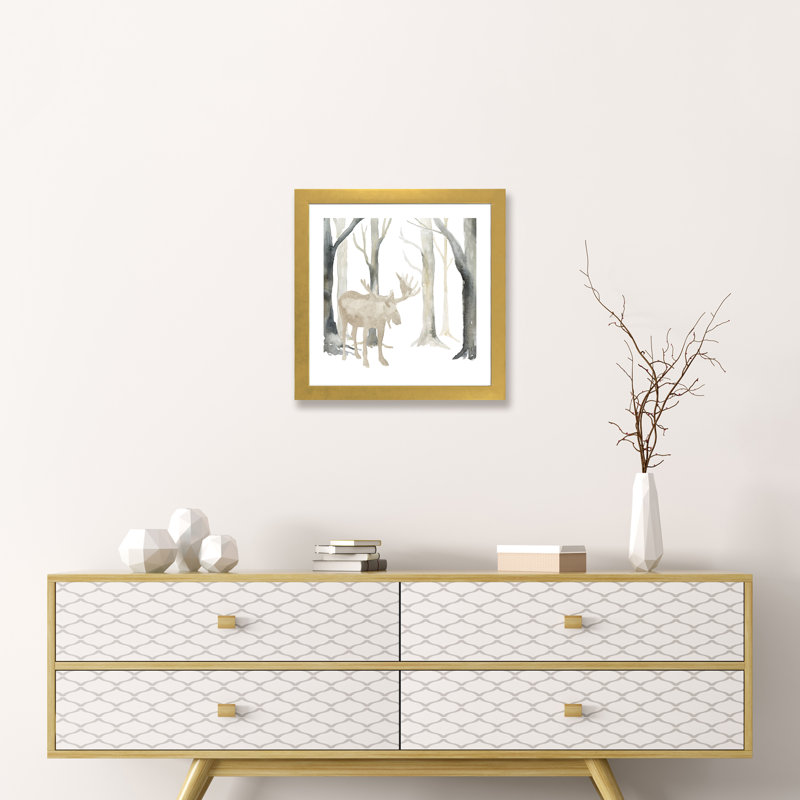 «Winter Forest Moose» par Tara Reed - reproduction, H 16 po x l 16 po x p 1 po, Papier encadré doré, Blanc