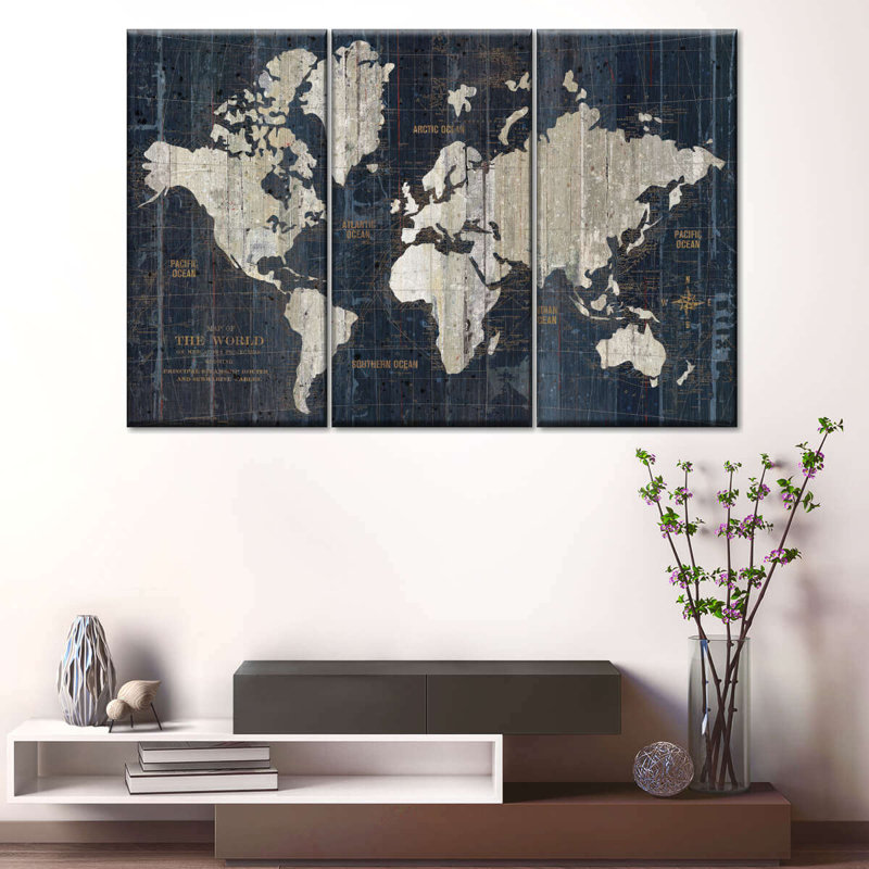Carte du vieux monde en bleu sur toile, ensemble de 3 pièces, H 38 po x l 24 po x P 1,25 po