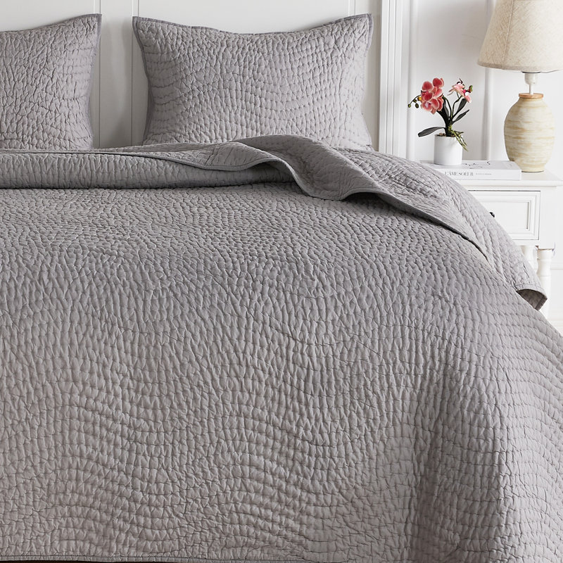 Cotton Wave Hand Stitch Voile Quilt Set, Twin Quilt + 1 Standard Sham, Silver