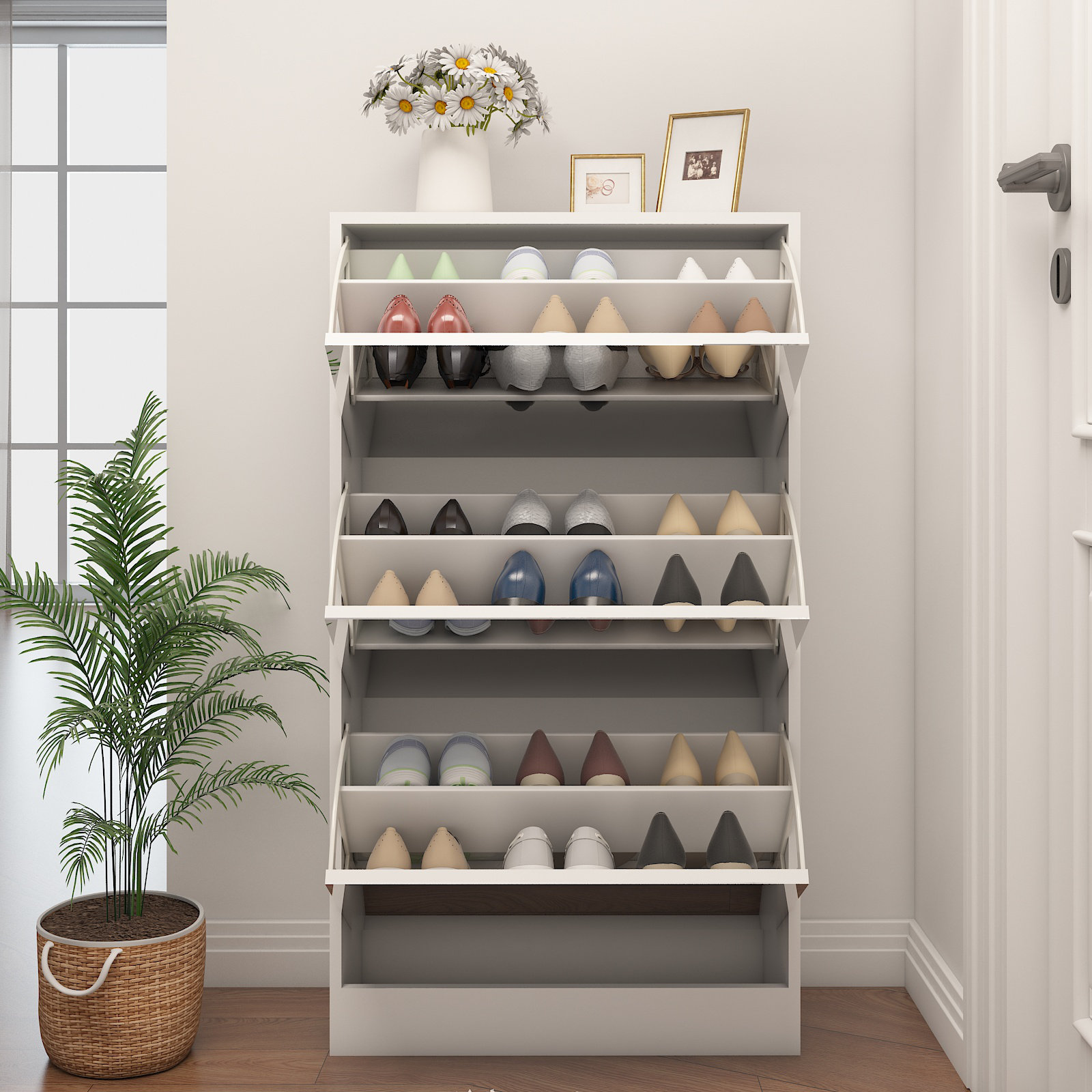 Latitude Run® White 3 Tier Narrow Shoe Storage Cabinet Wood Shoe Rack w ...