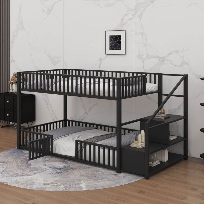 Metal Bunk Bed With Storage Ladder, Bunk Bed Frame With Guardrail, Black