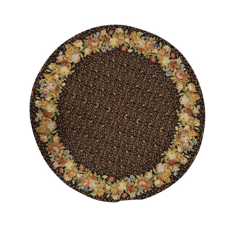 Tapis rond brun, jaune et vert noué à la main de haute qualité