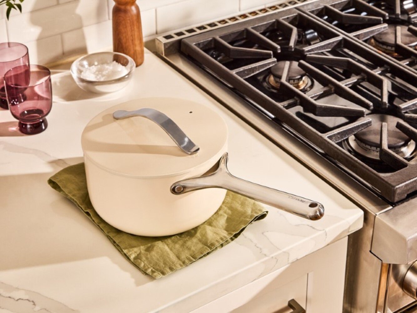 Caraway Nonstick Ceramic Saucepan, Cream, 3 quarts