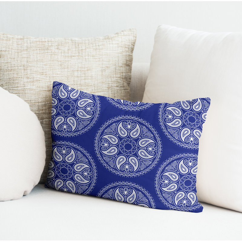 Paisley Outdoor Reversible Throw Pillow, Navy Blue