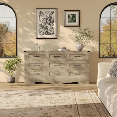 Commode à 9 tiroirs de 59 po de largeur pour chambre à coucher, grande commode en bois de style moderne Mid-Century, armoire de rangement robuste et sécurité anti-basculement pour le salon, le placard et le bureau personnel