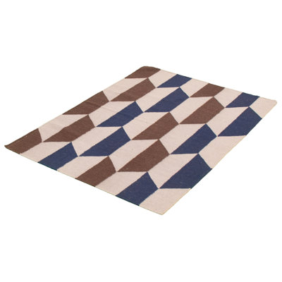 Tapis géométrique fait à la main en laine brun / beige / bleu Kilim