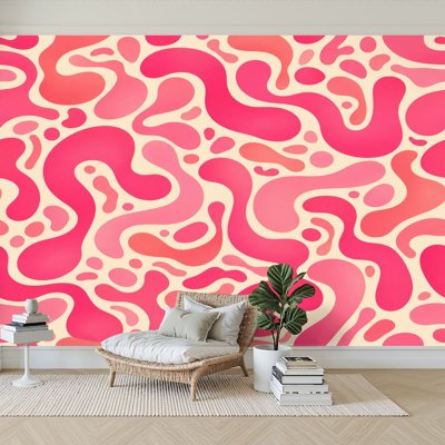 Wall Mural Peel and Stick Wallpaper Abstract Pink Cream Wavy Design Self-Adhesive Removable Contact Paper Wall Decor for Living Room Bedroom 100"H x 144"W