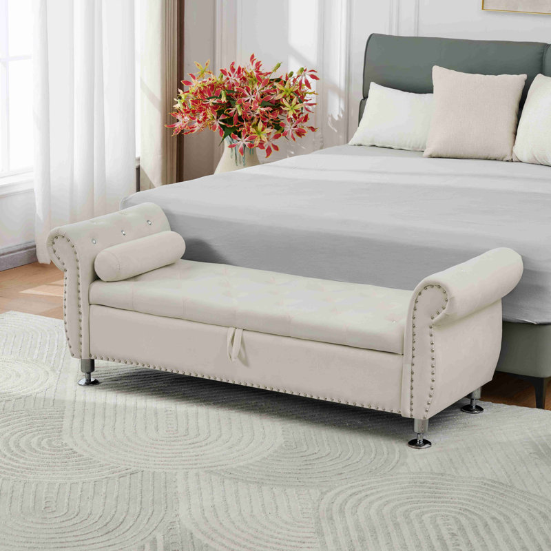 Banc de rangement en velours doux avec boutons en cristal et 1 coussin, Beige