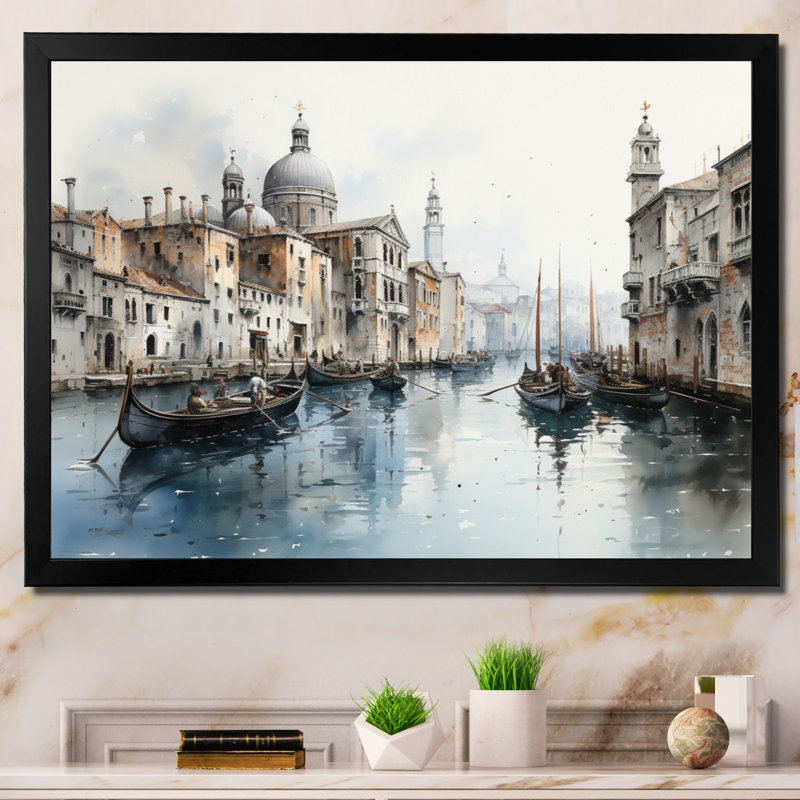 "Blue Canal Urban Venice Charcoal", reproduction sur toile, Cadre photo noir, H 30 po x l 40 po x P 1,5 po