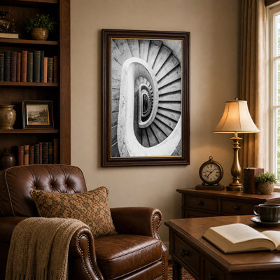 Tableau sur toile représentant un escalier en colimaçon en béton noir et blanc