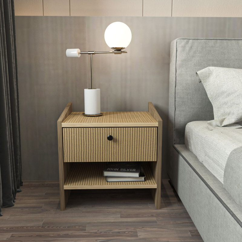 Stylish Nightstand with Rustic Walnut & Hazeran Finish, 17.7 x 17.7 x 13.8 inches | Made of 100% Melamine Coated Particle Board, Thickness: 0.7 inches | Geometric Design Perfect for Modern Bedrooms & Living Rooms