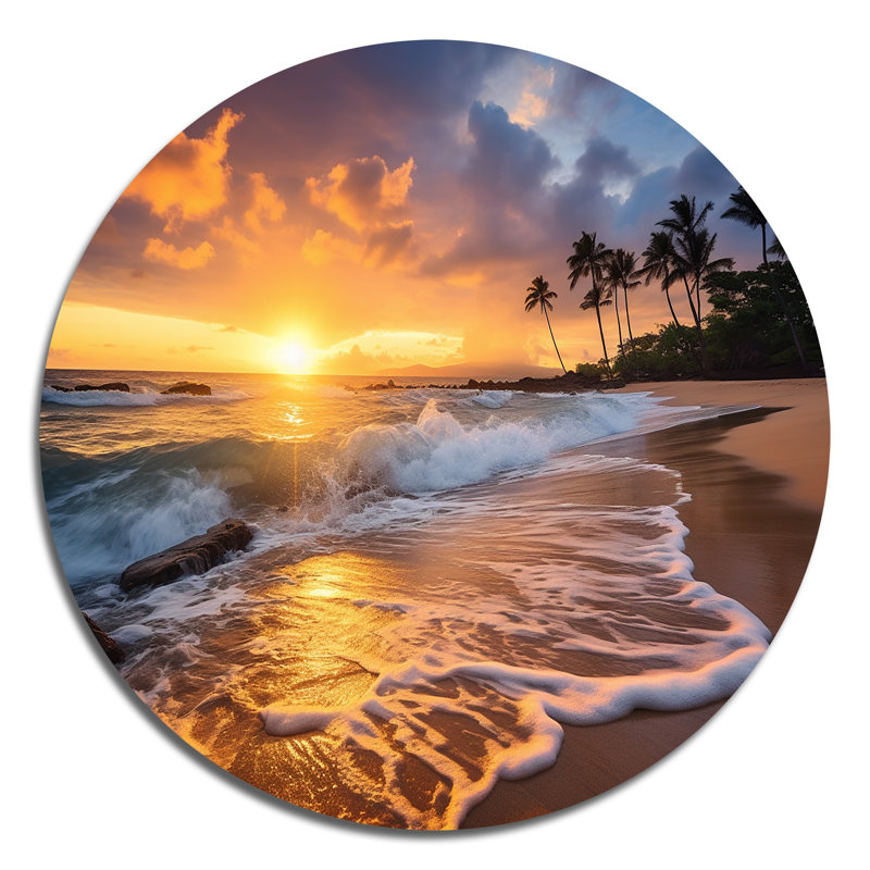 Plage, coucher de soleil, sérénade, art côtier rond en métal, H 36 po x l 36 po