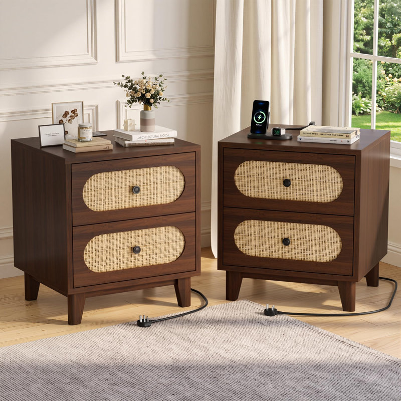 Bedside Tables Set of 2, Natural Hand‑Woven Rattan, Walnut