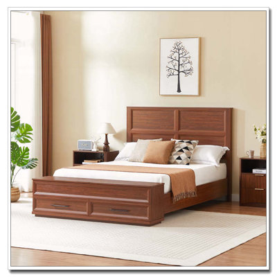 Modern Bed with 3D Geometric Headboard & Storage Bench - 4-Drawer Storage