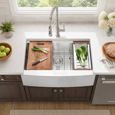 33''L x 22'' W Farmhouse Workstation Kitchen Sink, Stainless Steel Single Bowl Sink with Bottom Gird, Strainer, Roll-up Rack, Colander and Cutting Board