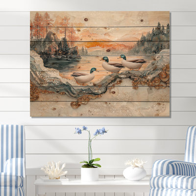 Ducks Family At The Lake Landscape II - Duck Animal Wood Wall Art - On Natural Pine Wood