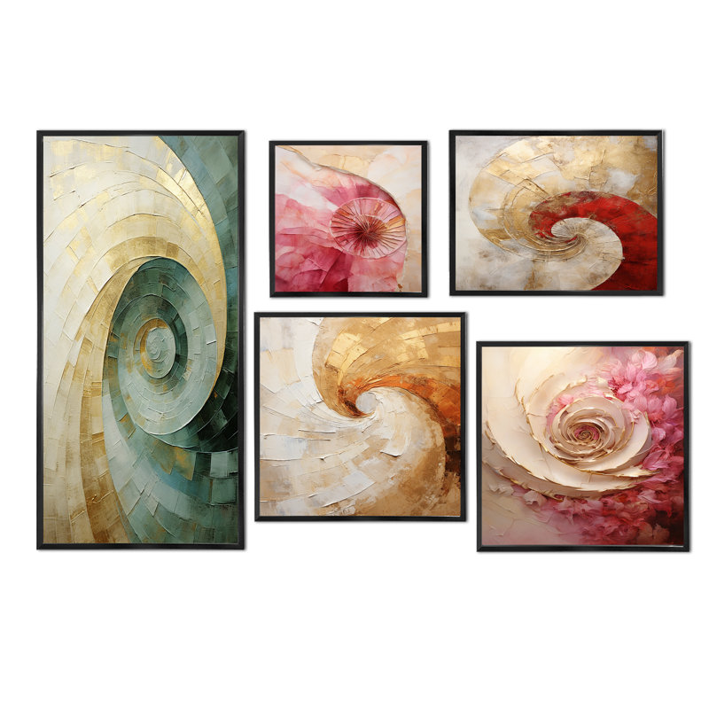Marchetti - Ensemble de 5 reproductions d'art abstrait spirales murales, Cadre flottant noir