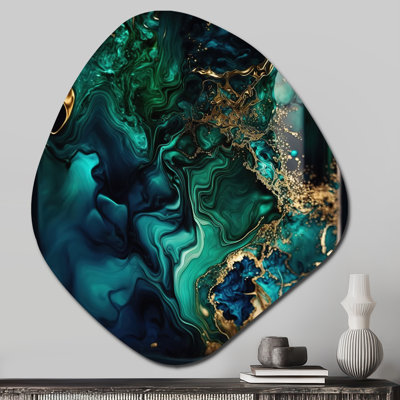 Abstrait géométrique marbre vert et bleu II - décoration murale en métal asymétrique abstraite, sculpture murale en métal de forme unique