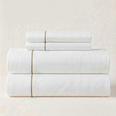 500TC Cotton Single Embroidery Sateen Solid Cotton 4 Piece Sheet Set Fitted Sheet Fits Upto 16" Deep Pocket