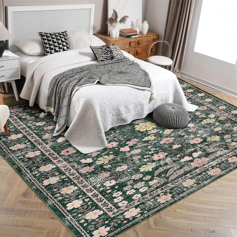 Floral Low Pile Runner Rug – Machine Washable, Non-Slip, Lightweight Hallway, Kitchen & Bedroom Carpet, Vintage Distressed Area Rug for Home Decor