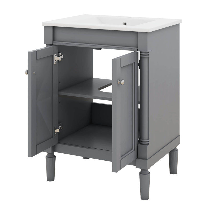 Petit meuble-lavabo 24 po avec lavabo, armoire de rangement moderne à 2 niveaux, meuble-lavabo simple en bois, Gris