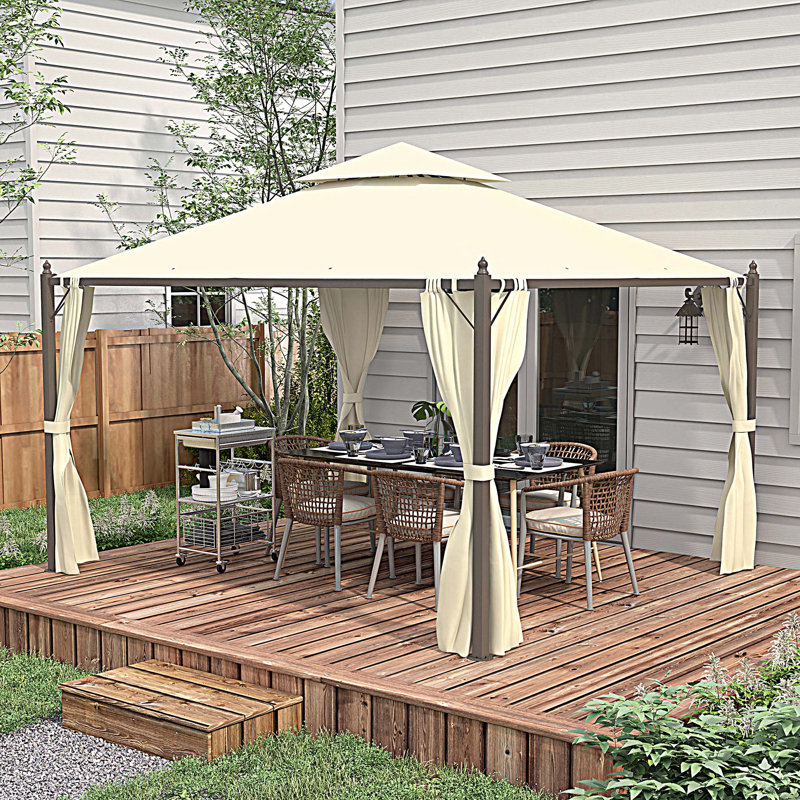Pavillon de jardin extérieur en acier Outsunny avec rideaux d'intimité en polyester, toit à deux niveaux pour l'air, grande conception