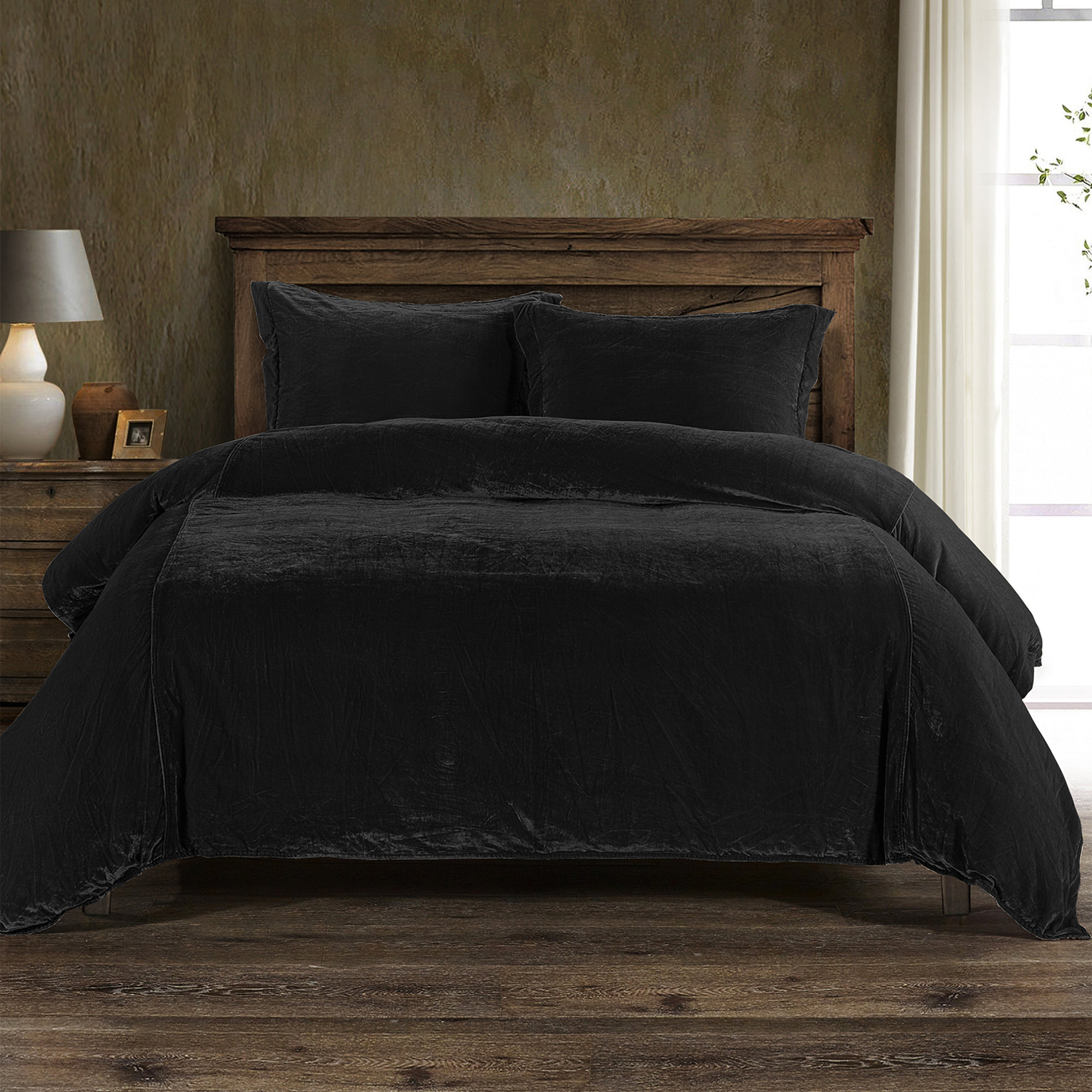 Stella Faux Silk Velvet Classic Chic Modern Rustic Romantic Western Duvet Cover Set, Black, King Duvet Cover + 2 King Shams