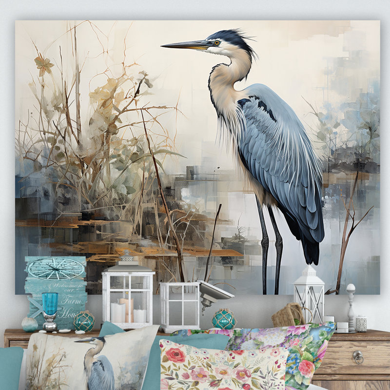 Blue Great Heron In Miminal Harmony II - Heron Canvas Prints, Wrapped Canvas, 24" H x 32" W, No Frame