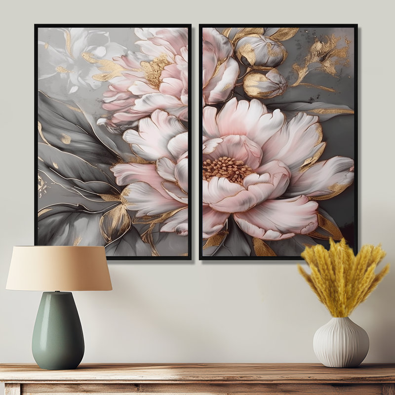 Pivoines roses et grises élégantes I - décoration murale moderne, Noir, 36" H x 48" W