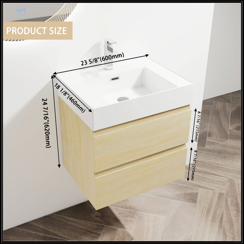 Meuble-lavabo mural 24 po avec lavabo en résine, 24", Chêne clair