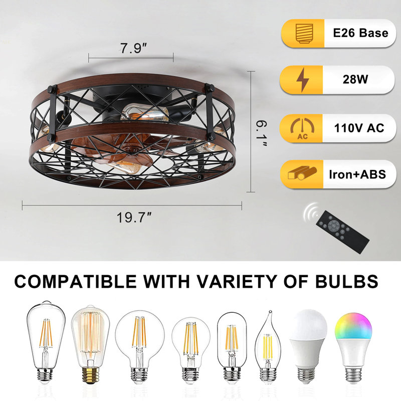 Caged Ceiling Fans With Lights Black, 20 Inch Flush Mount Ceiling Fan Light, Farmhouse Small Ceiling Fan With Light Fixture, Reversible Fan For Bedroom (Including E26 Bulbs)