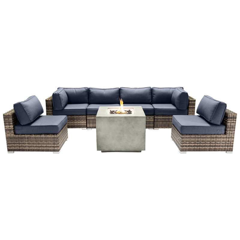 Ensemble de conversation pour 6 personnes avec coussins Sunbrella et foyer en béton Sayma, Bleu marine Sunbrella
