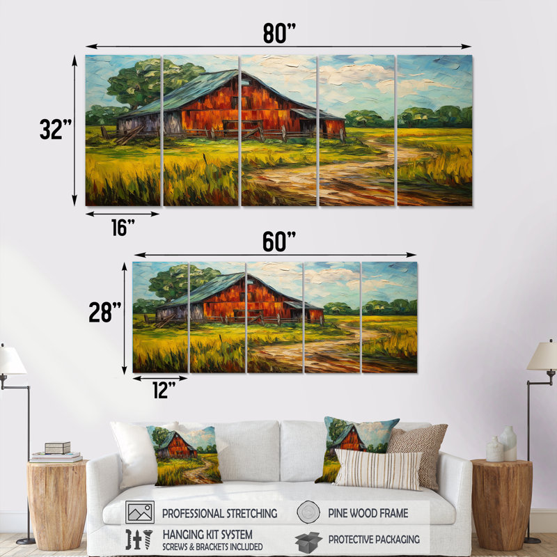 Rustic Farmhouse Green Country Road - Art mural de ferme 5 pièces, H 28 po x l 60 po