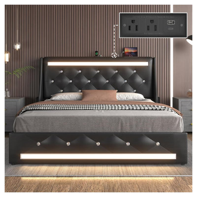 Modern Queen Size Platform Bed Frame with RGB LED Lights, Smart Charging Station & Diamond Tufted Faux Leather Upholstered Headboard, Heavy Duty Wood Slats Support, No Box Spring Needed