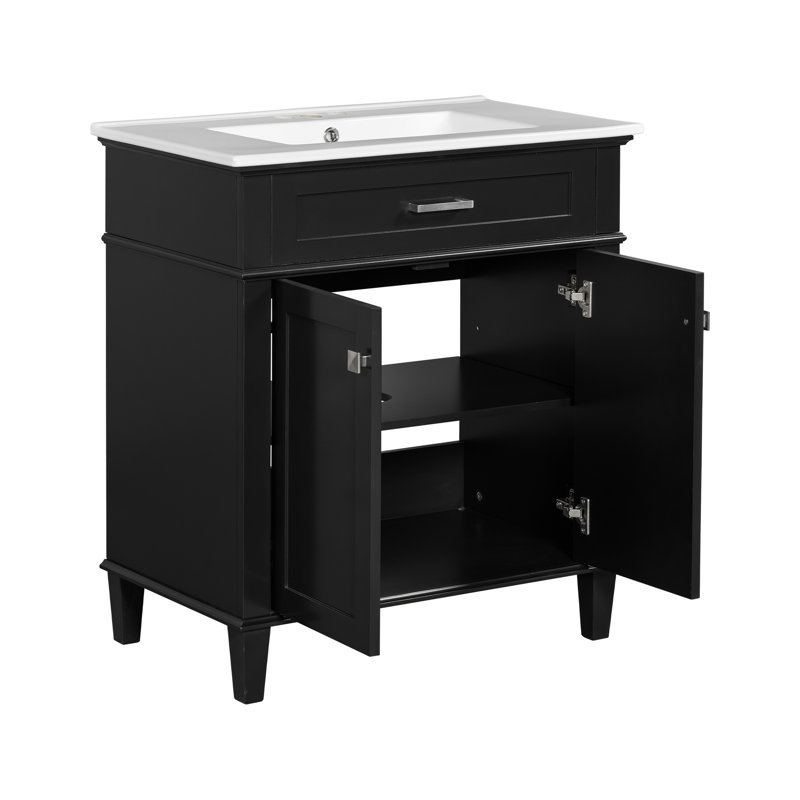 Meuble-lavabo moderne de 30 pouces avec lavabo en céramique, tablettes réglables, finition noire pour optimiser l'espace - noir, lavabo, utilisation à long terme, portes à fermeture en douceur