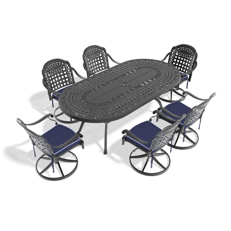 Ensemble de salle à manger 7 pièces en fonte d'aluminium toutes saisons, comprenant 6 chaises pivotantes et une table ovale avec cadre