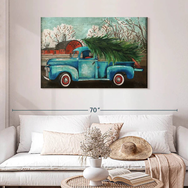 Camion bleu Mehar et arbre I, H 30 po x l 45 po