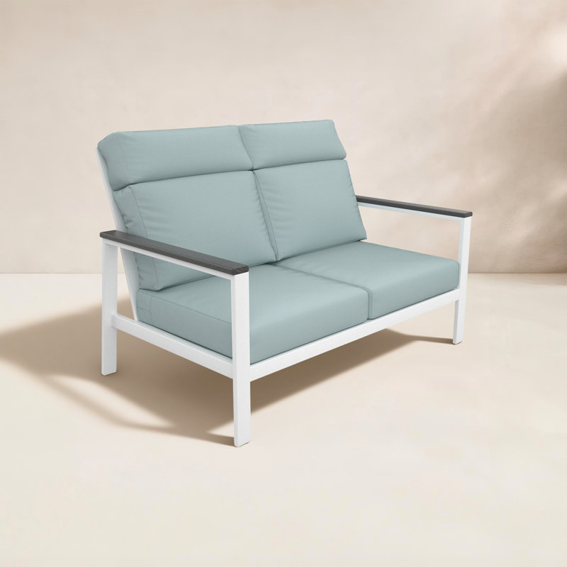 Townsend Metal Outdoor Loveseat With Sunbrella Cushion, Gray, Bliss Dew