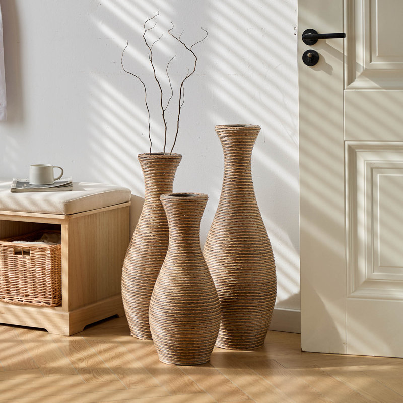 Eibhinn 3 Piece Set Retro Handmade Rattan Floor Vase, Tall Large Flower Vase, Multicolor Finish, Brown