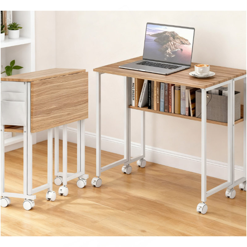 Foldable Desk With Storage Bag,Shelf And Wheels For Small Spaces,Home  Office, Natural Wood/White