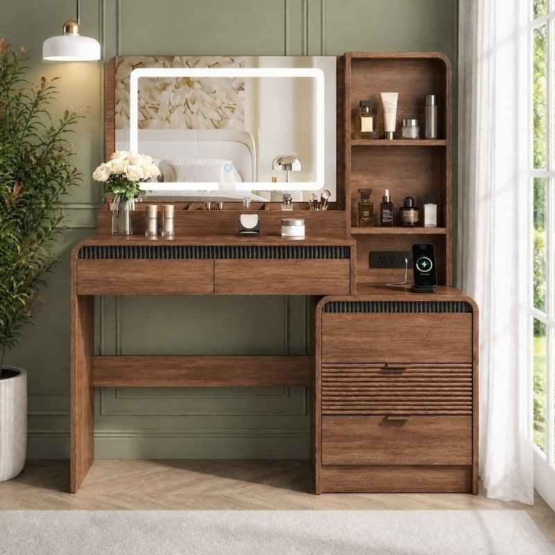 Meuble-lavabo moderne en bois naturel avec miroir lumineux et station de charge, bureau de meuble-lavabo grande capacité à 5 tiroirs