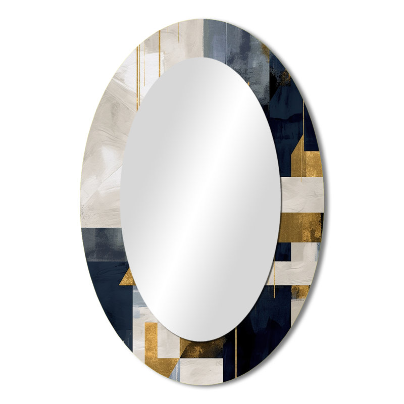 Formes dorées bleues harmonieuses - Miroir décoratif abstrait ovale sur métal, 36 po x 24 po