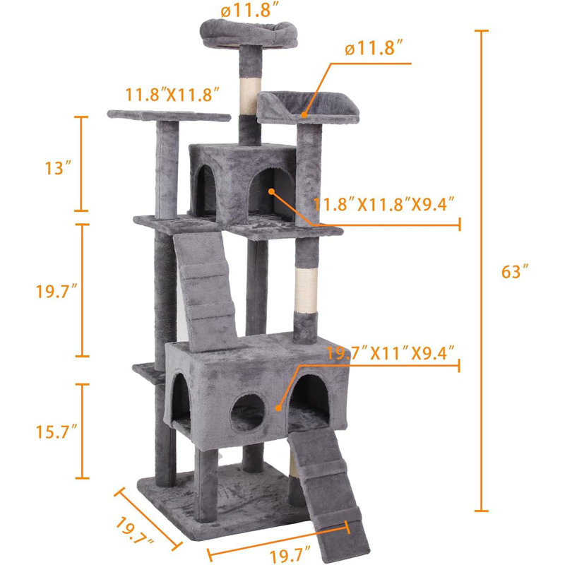 Arbre à chat, tour à chat de 63 pouces pour chat d'intérieur, arbre à chat à plusieurs niveaux, Gris