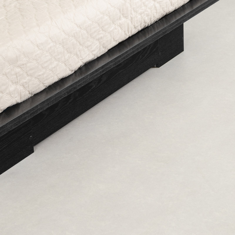 Black Oak Queen Platform Bed with Upholstered Headboard and Drawer