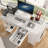 47" Computer Desk With Power Outlet,Writing Desk,Home Office Desk,Vanity Table With 7 Fabric Drawers, Large Side Pocket
