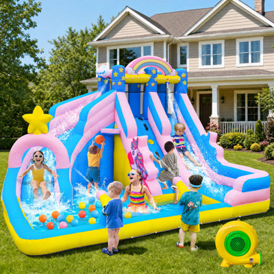 Glissade d'eau gonflable Culaluva: parc aquatique gonflable gonflable pour enfants 3-12 - Jante de basket-ball murale pour le parc aquatique Splash Pool - pour fête d'anniversaire en plein air, style rose et océan